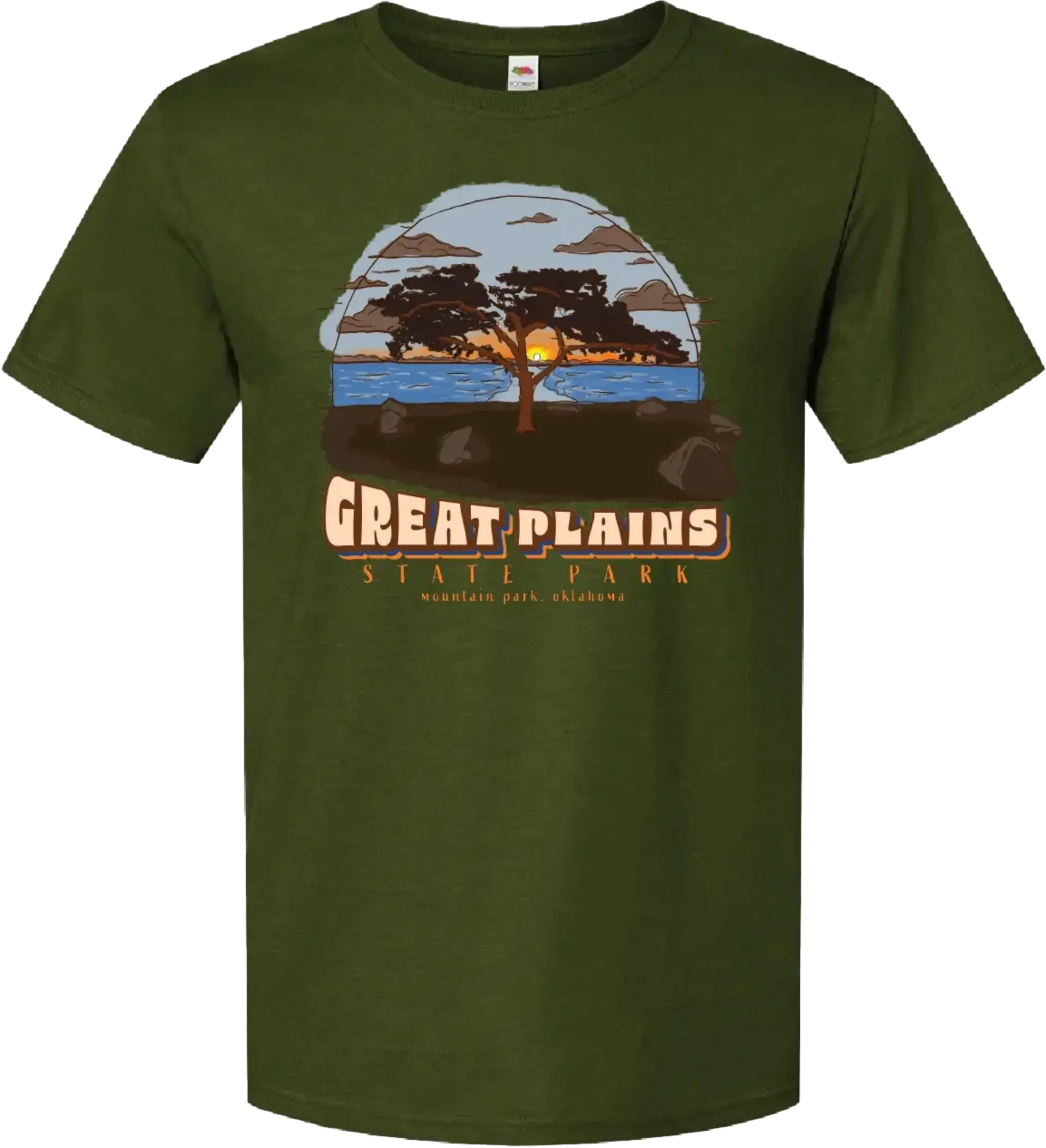 A green short sleeve graphic tee shirt featuring Great Plains State Park