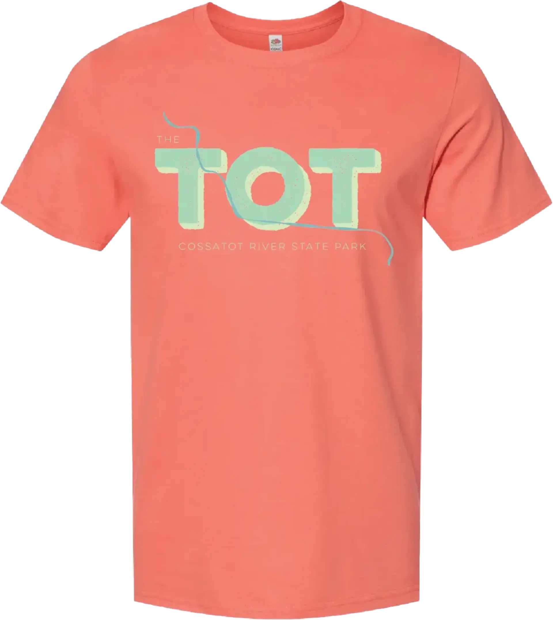A coral colored short sleeve graphic tee shirt featuring Cossatot River State Park